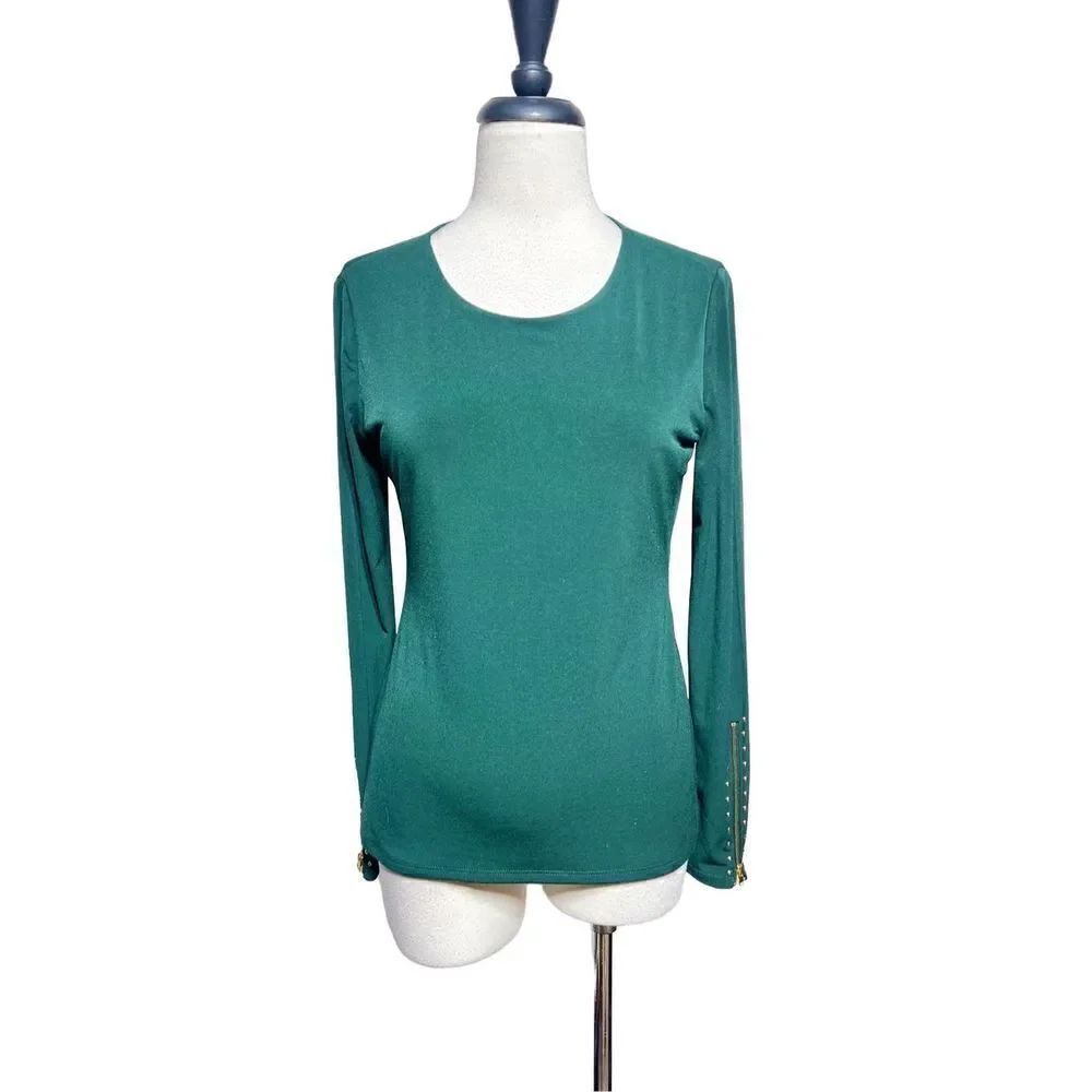 Carmen Marc Valvo Long Sleeve Embellished Green Shirt Blouse XSmall